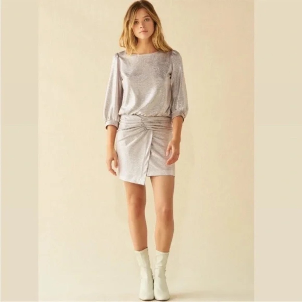 ba&sh Women's Zalina Asymmetric Gold Metallic Ruched Mini Dress Size S Holiday